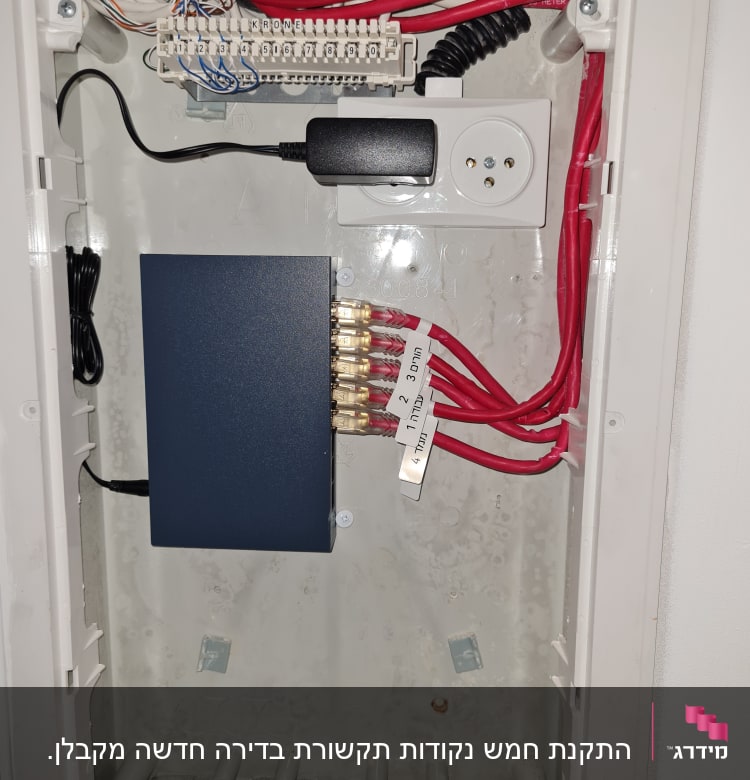 ארון תקשורת עם כבלים אדומים ומחבר חשמל